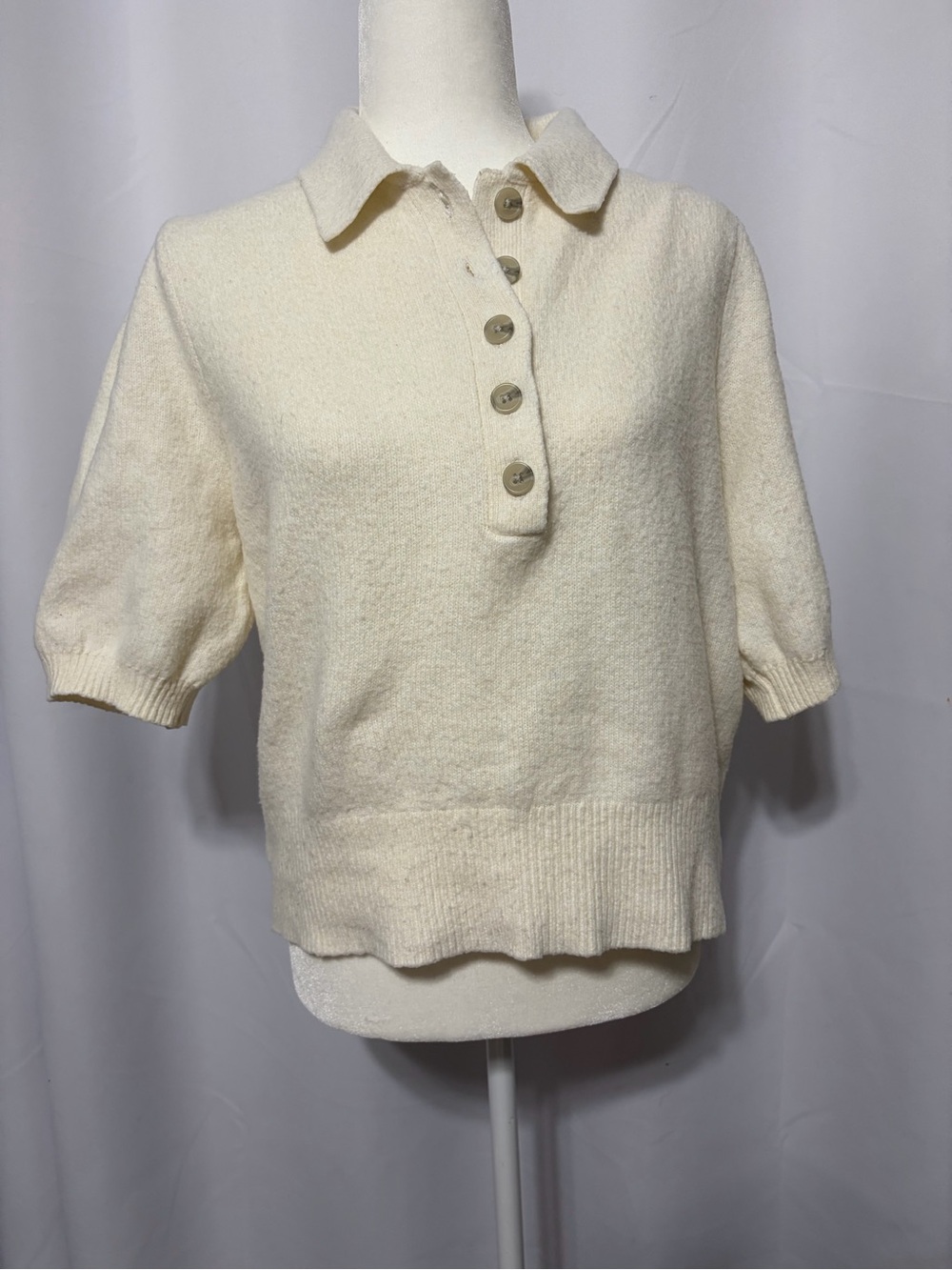Cream Short-Sleeve Polo Knit Sweater